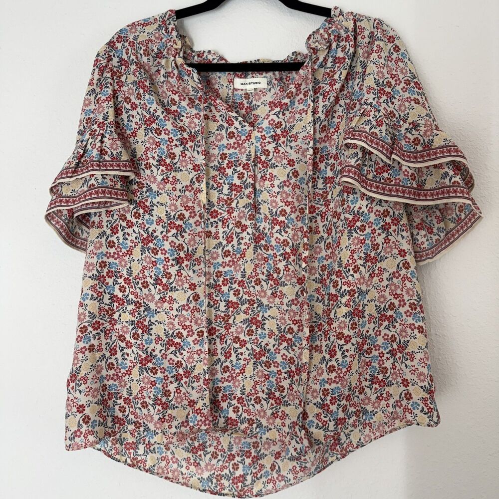 Max Studio Womens Medium Peasant Top Ruffle Short Sleeve Floral Prairie Cottage